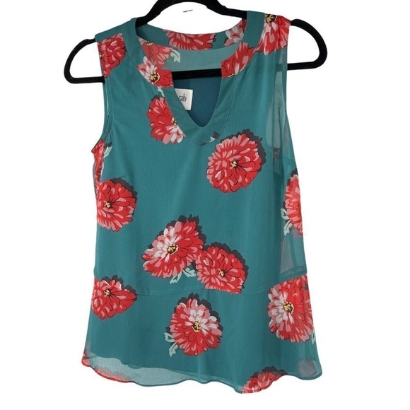 Cabi Blushing Green & Pink Floral V Neck Sleeveless Blouse - Picture 1 of 6